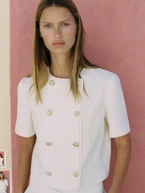 Zara White Short-Sleeve Double-Breasted Jacket